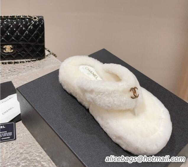 Perfect Chanel Wool Platform Thong Slide Sandals White 091142