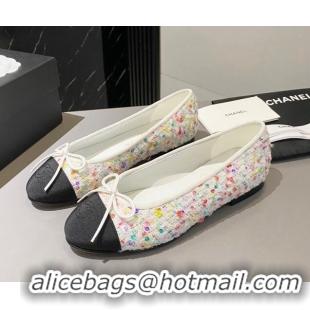 Best Price Chanel Tweed Ballet Flat with Bow White/Multicolor 091146