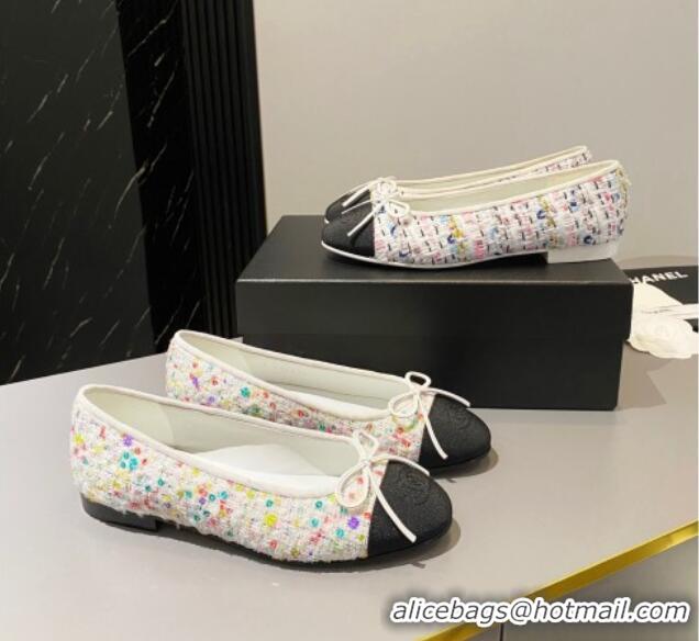 Best Price Chanel Tweed Ballet Flat with Bow White/Multicolor 091146