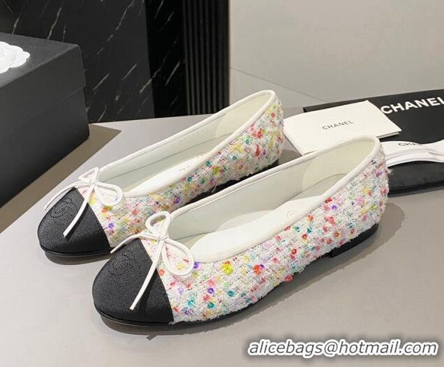 Best Price Chanel Tweed Ballet Flat with Bow White/Multicolor 091146