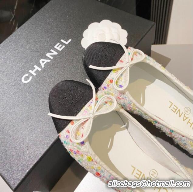 Best Price Chanel Tweed Ballet Flat with Bow White/Multicolor 091146