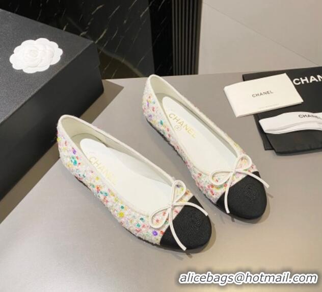 Best Price Chanel Tweed Ballet Flat with Bow White/Multicolor 091146