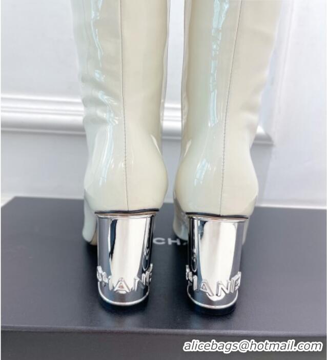 Cute Chanel Patent Calfskin Heel High Boots 8.5cm White 912022