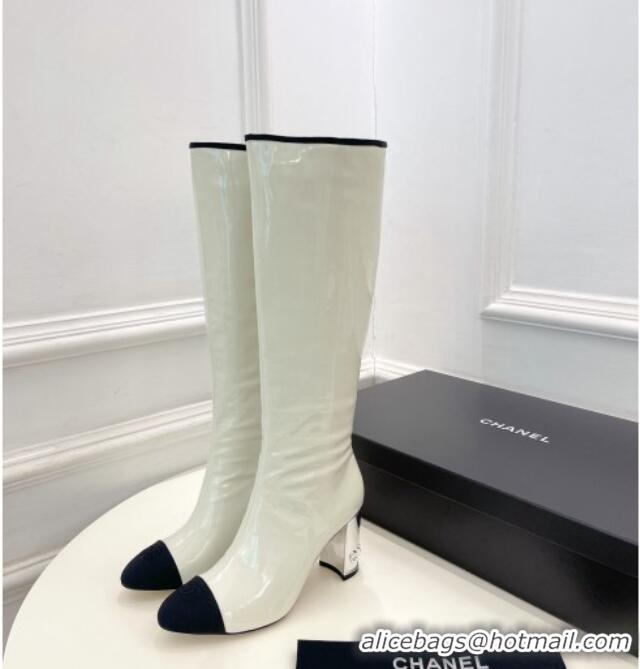 Cute Chanel Patent Calfskin Heel High Boots 8.5cm White 912022