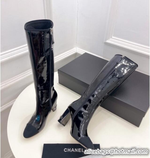 Low Price Chanel Patent Calfskin Heel High Boots 8.5cm Black 912023