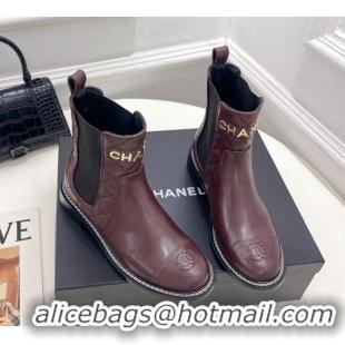 Design Cheap Chanel Calfskin Ankle Boots 3.5cm with Metal-Tone Signature Burgundy 915001