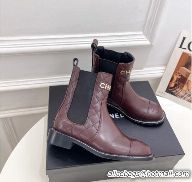 Design Cheap Chanel Calfskin Ankle Boots 3.5cm with Metal-Tone Signature Burgundy 915001