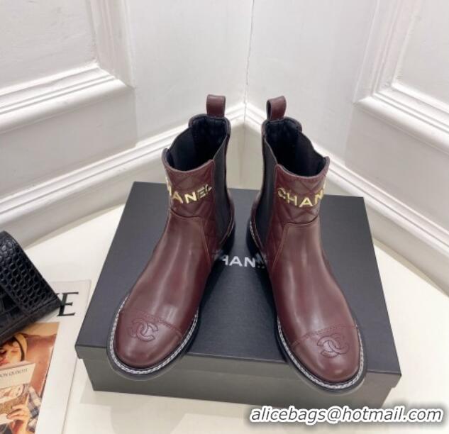 Design Cheap Chanel Calfskin Ankle Boots 3.5cm with Metal-Tone Signature Burgundy 915001