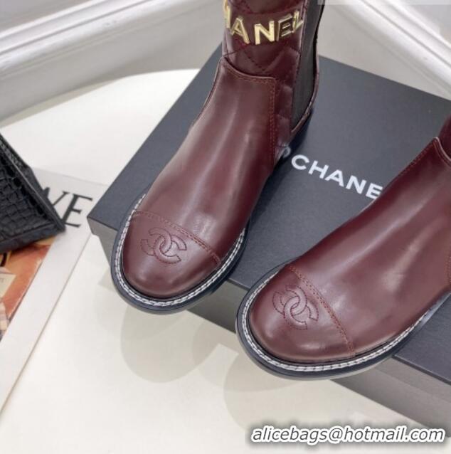 Design Cheap Chanel Calfskin Ankle Boots 3.5cm with Metal-Tone Signature Burgundy 915001