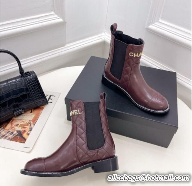 Design Cheap Chanel Calfskin Ankle Boots 3.5cm with Metal-Tone Signature Burgundy 915001