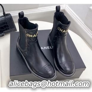 Classic Practical Chanel Calfskin Ankle Boots 3.5cm with Metal-Tone Signature Black 915002