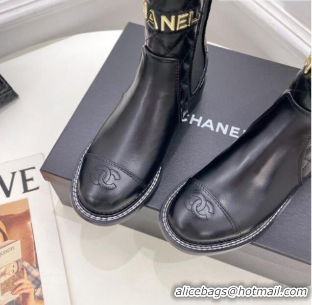 Classic Practical Chanel Calfskin Ankle Boots 3.5cm with Metal-Tone Signature Black 915002