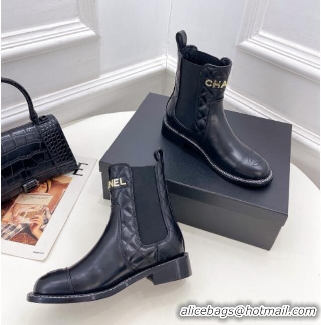 Classic Practical Chanel Calfskin Ankle Boots 3.5cm with Metal-Tone Signature Black 915002