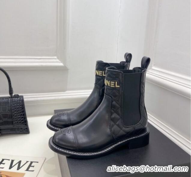 Classic Practical Chanel Calfskin Ankle Boots 3.5cm with Metal-Tone Signature Black 915002