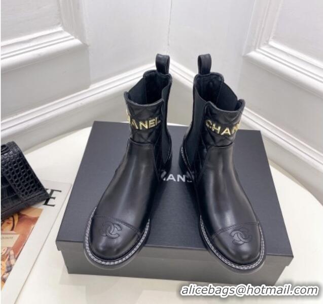 Classic Practical Chanel Calfskin Ankle Boots 3.5cm with Metal-Tone Signature Black 915002