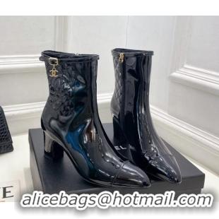 Big Enough Chanel Patent Leather Heel Ankle Boots 6.5cm with CC Buckle Strap Black 915003