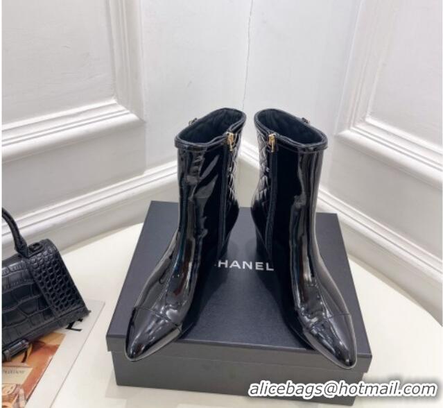 Big Enough Chanel Patent Leather Heel Ankle Boots 6.5cm with CC Buckle Strap Black 915003