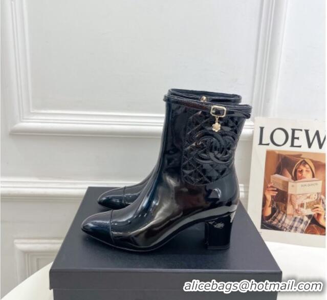 Big Enough Chanel Patent Leather Heel Ankle Boots 6.5cm with CC Buckle Strap Black 915003