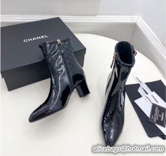 Big Enough Chanel Patent Leather Heel Ankle Boots 6.5cm with CC Buckle Strap Black 915003