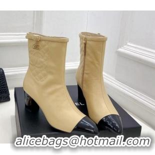 Buy Duplicate Chanel Calfskin Heel Ankle Boots 6.5cm with CC Buckle Strap Beige 915004