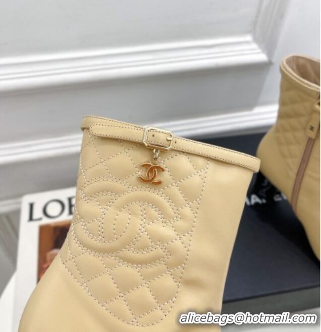 Buy Duplicate Chanel Calfskin Heel Ankle Boots 6.5cm with CC Buckle Strap Beige 915004