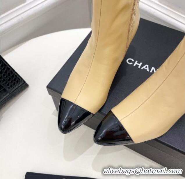 Buy Duplicate Chanel Calfskin Heel Ankle Boots 6.5cm with CC Buckle Strap Beige 915004