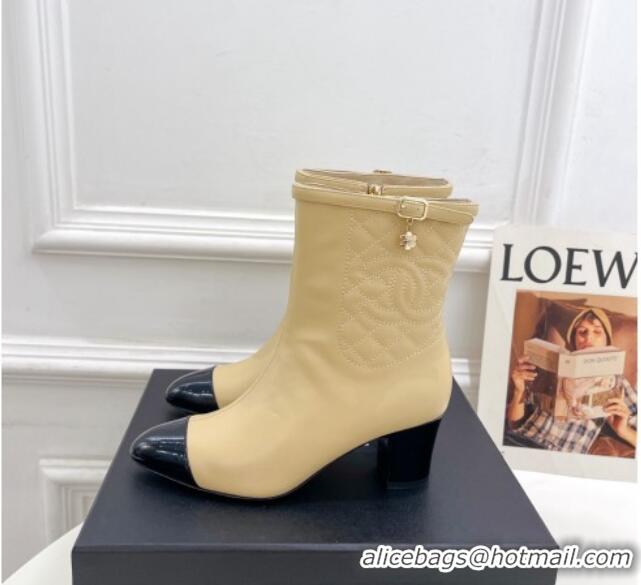 Buy Duplicate Chanel Calfskin Heel Ankle Boots 6.5cm with CC Buckle Strap Beige 915004