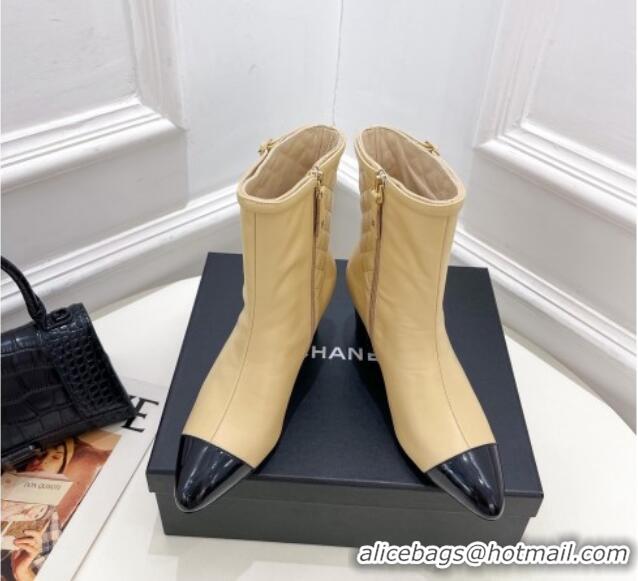 Buy Duplicate Chanel Calfskin Heel Ankle Boots 6.5cm with CC Buckle Strap Beige 915004