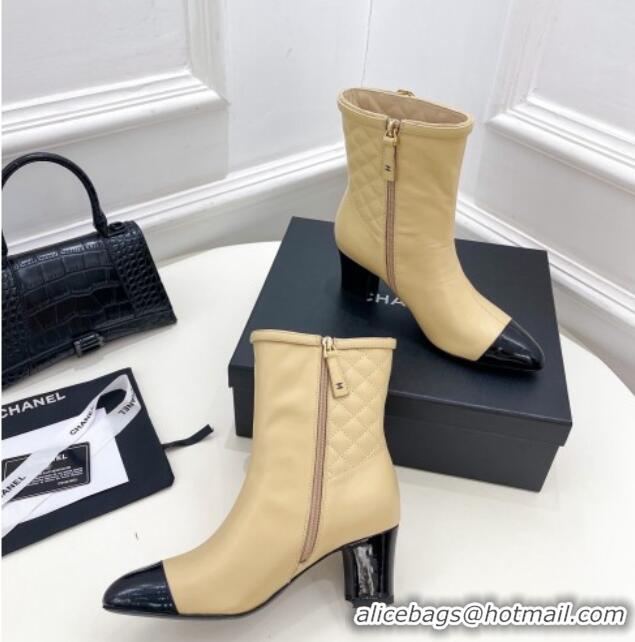 Buy Duplicate Chanel Calfskin Heel Ankle Boots 6.5cm with CC Buckle Strap Beige 915004