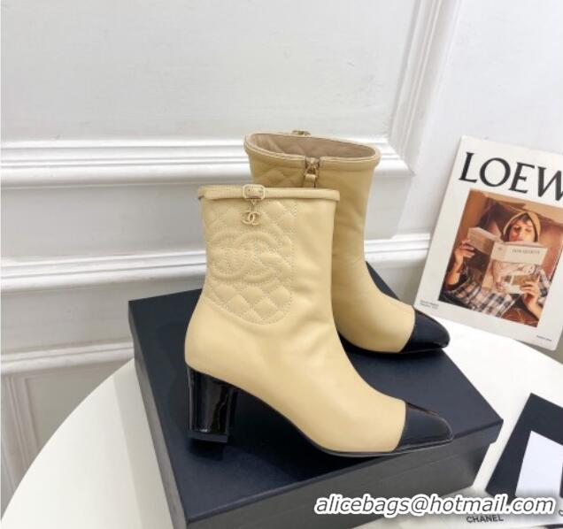 Buy Duplicate Chanel Calfskin Heel Ankle Boots 6.5cm with CC Buckle Strap Beige 915004