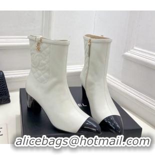 Elegant Chanel Calfskin Heel Ankle Boots 6.5cm with CC Buckle Strap White 915005