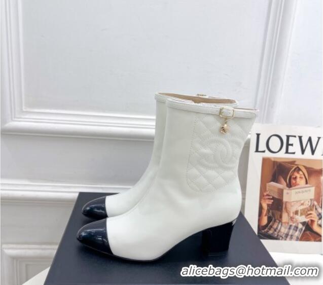 Elegant Chanel Calfskin Heel Ankle Boots 6.5cm with CC Buckle Strap White 915005