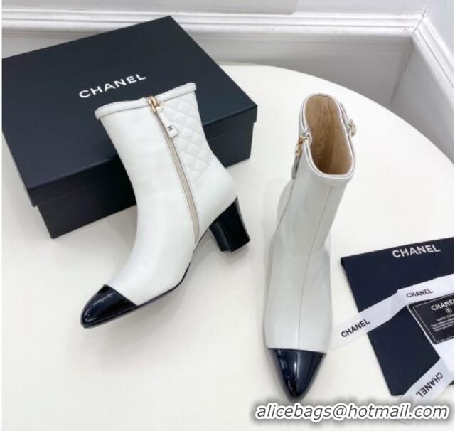 Elegant Chanel Calfskin Heel Ankle Boots 6.5cm with CC Buckle Strap White 915005