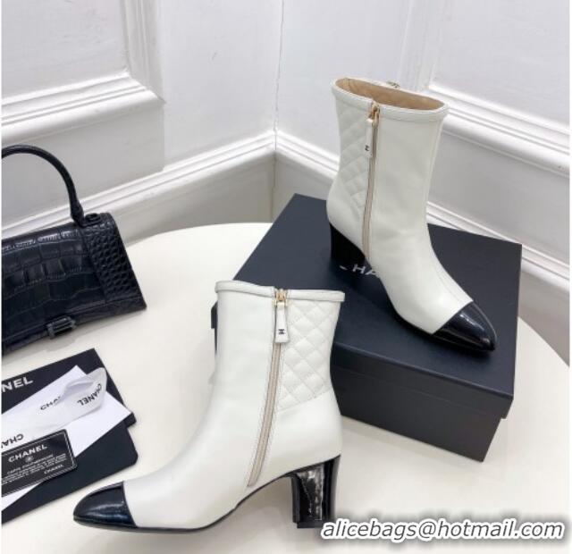 Elegant Chanel Calfskin Heel Ankle Boots 6.5cm with CC Buckle Strap White 915005