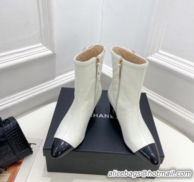 Elegant Chanel Calfskin Heel Ankle Boots 6.5cm with CC Buckle Strap White 915005