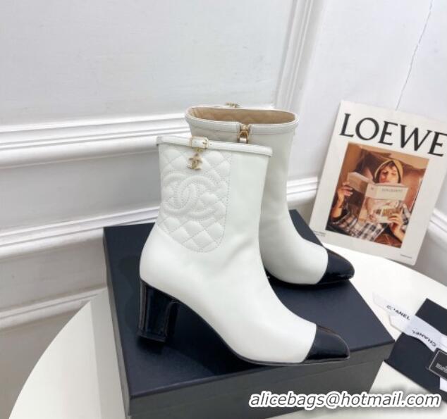 Elegant Chanel Calfskin Heel Ankle Boots 6.5cm with CC Buckle Strap White 915005