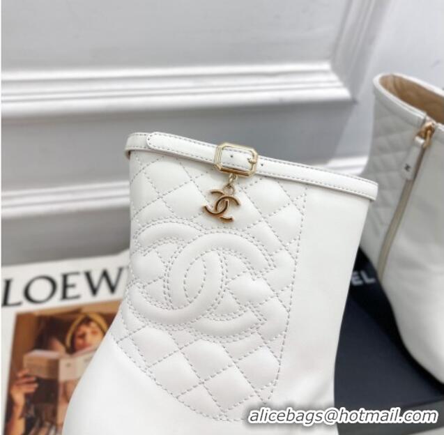 Elegant Chanel Calfskin Heel Ankle Boots 6.5cm with CC Buckle Strap White 915005