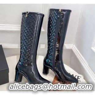 Cheap Design Chanel Patent Leather Heel High Boots 6.5cm with CC Buckle Strap Black 915007