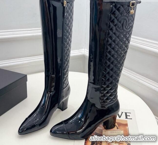 Cheap Design Chanel Patent Leather Heel High Boots 6.5cm with CC Buckle Strap Black 915007