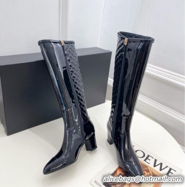 Cheap Design Chanel Patent Leather Heel High Boots 6.5cm with CC Buckle Strap Black 915007