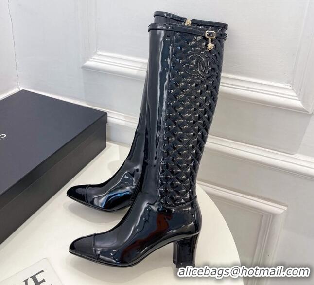 Cheap Design Chanel Patent Leather Heel High Boots 6.5cm with CC Buckle Strap Black 915007