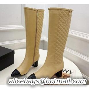 Duplicate Chanel Calfskin Heel High Boots 6.5cm with CC Buckle Strap Beige 915008