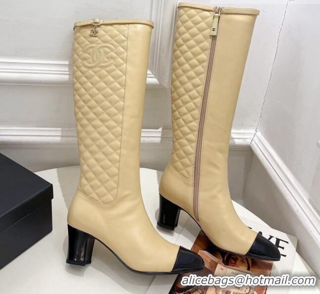 Duplicate Chanel Calfskin Heel High Boots 6.5cm with CC Buckle Strap Beige 915008