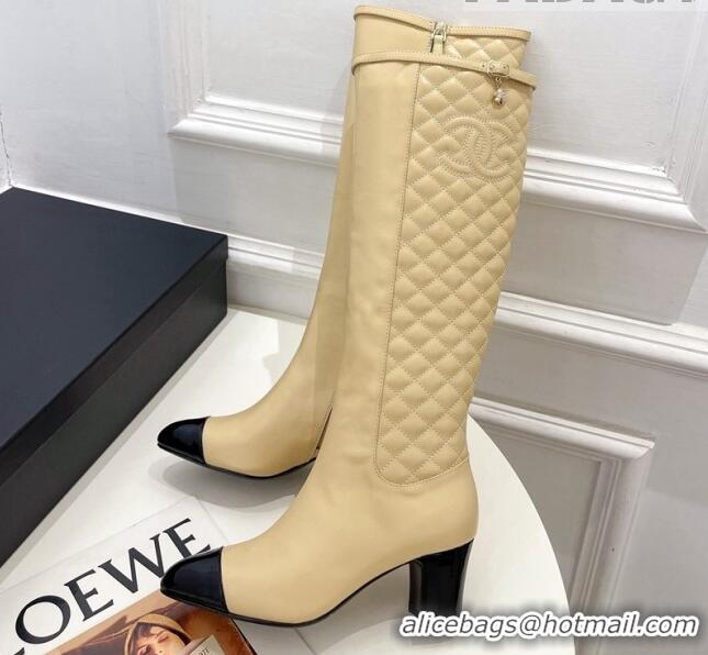 Duplicate Chanel Calfskin Heel High Boots 6.5cm with CC Buckle Strap Beige 915008