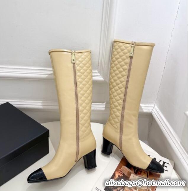 Duplicate Chanel Calfskin Heel High Boots 6.5cm with CC Buckle Strap Beige 915008