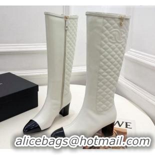 Best Grade Chanel Calfskin Heel High Boots 6.5cm with CC Buckle Strap White 915009