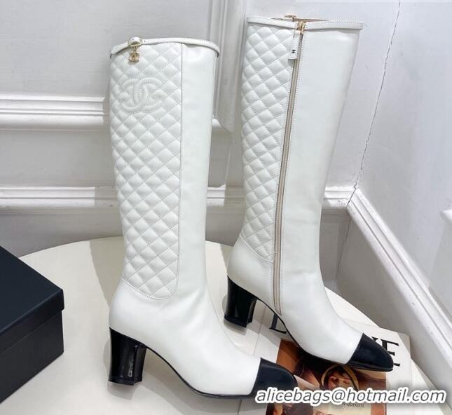 Best Grade Chanel Calfskin Heel High Boots 6.5cm with CC Buckle Strap White 915009