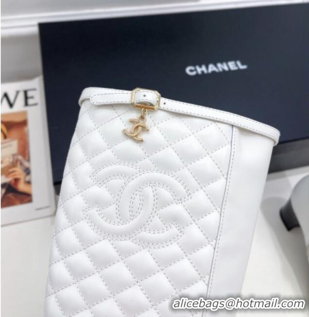 Best Grade Chanel Calfskin Heel High Boots 6.5cm with CC Buckle Strap White 915009