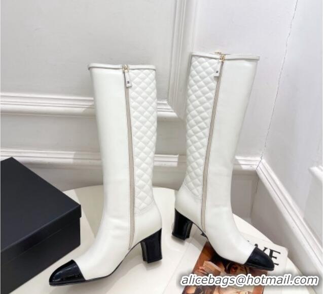 Best Grade Chanel Calfskin Heel High Boots 6.5cm with CC Buckle Strap White 915009