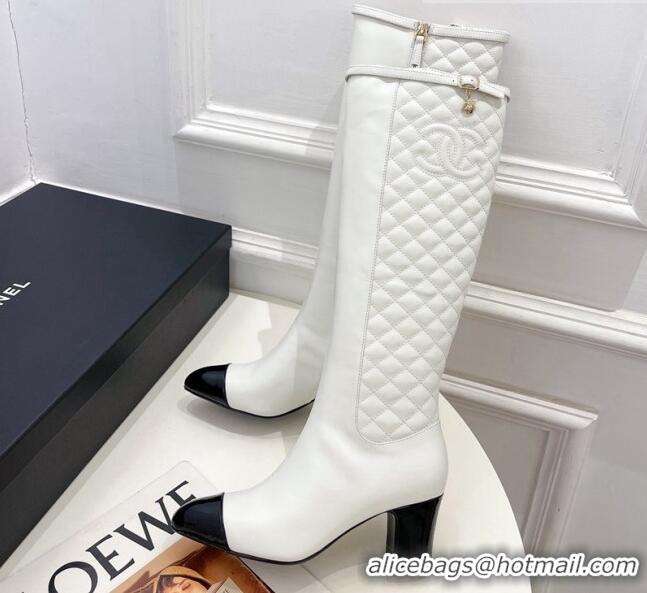 Best Grade Chanel Calfskin Heel High Boots 6.5cm with CC Buckle Strap White 915009